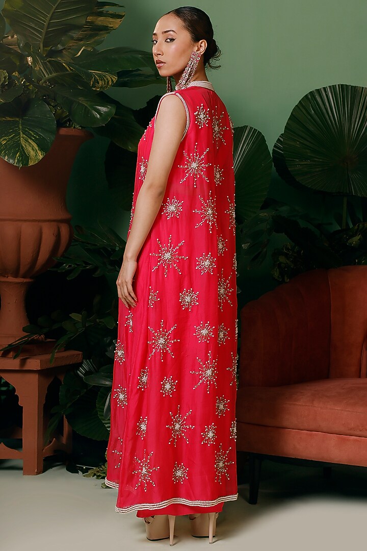 Candy Pink Organza Hand Embroidered Jacket Set by Midushi Bajoria at Pernia's Pop Up Shop