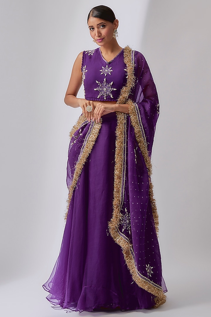 Midnight Purple Organza Wedding Lehenga Set by Midushi Bajoria at Pernia's Pop Up Shop
