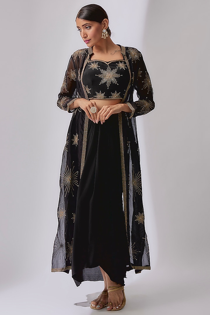 Black Organza Hand Embroidered Jacket Set by Midushi Bajoria at Pernia's Pop Up Shop