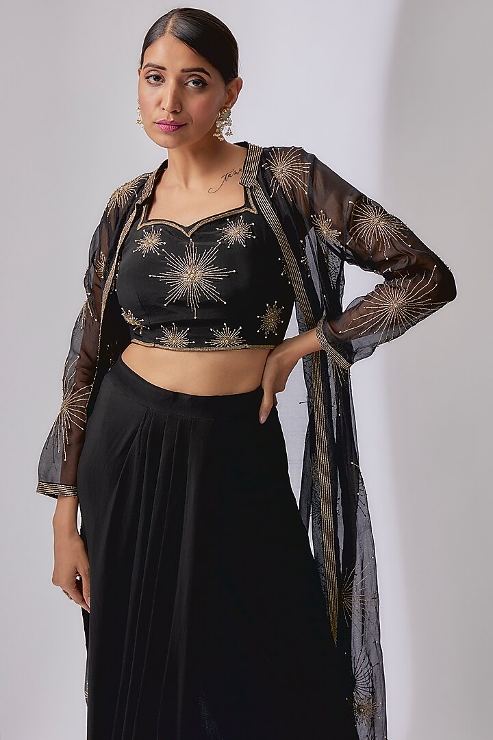 Black Organza Hand Embroidered Jacket Set by Midushi Bajoria at Pernia's Pop Up Shop