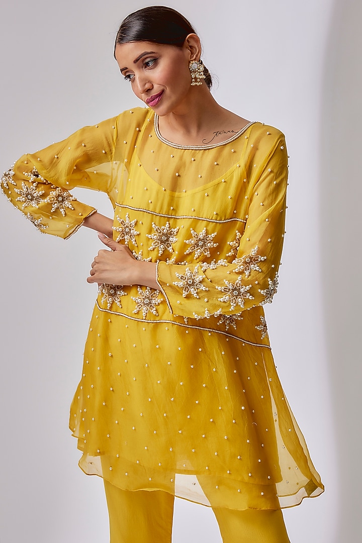 Bright Yellow Organza Co-Ord Set by Midushi Bajoria at Pernia's Pop Up Shop