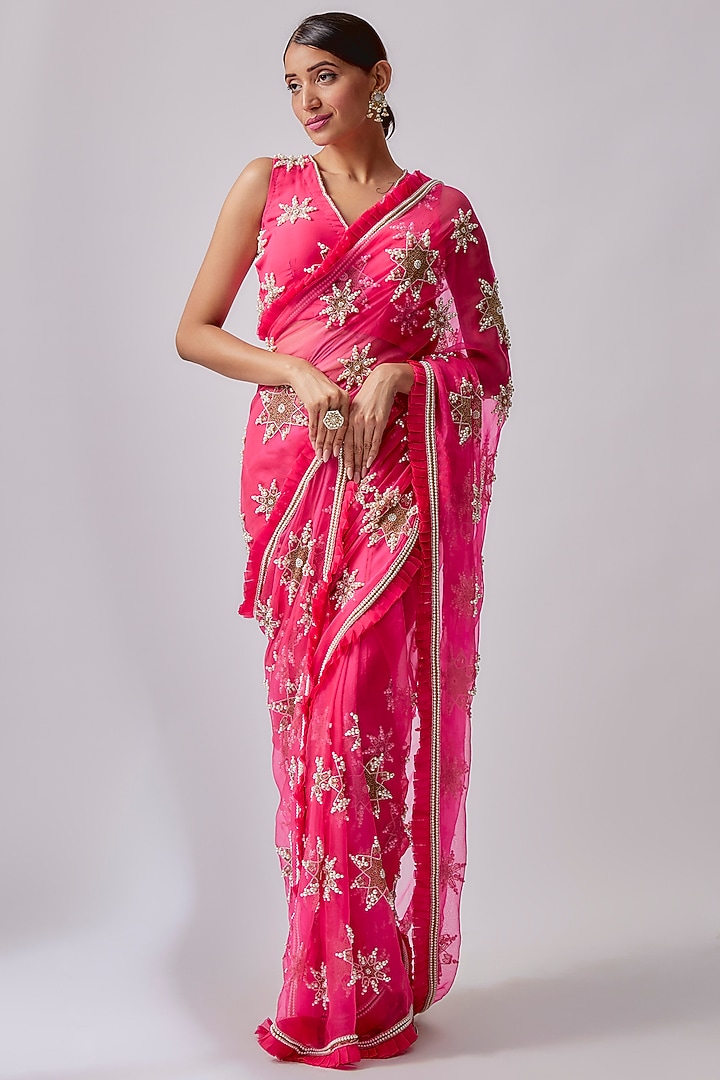 Candy Pink Organza Wedding Saree Set by Midushi Bajoria at Pernia's Pop Up Shop