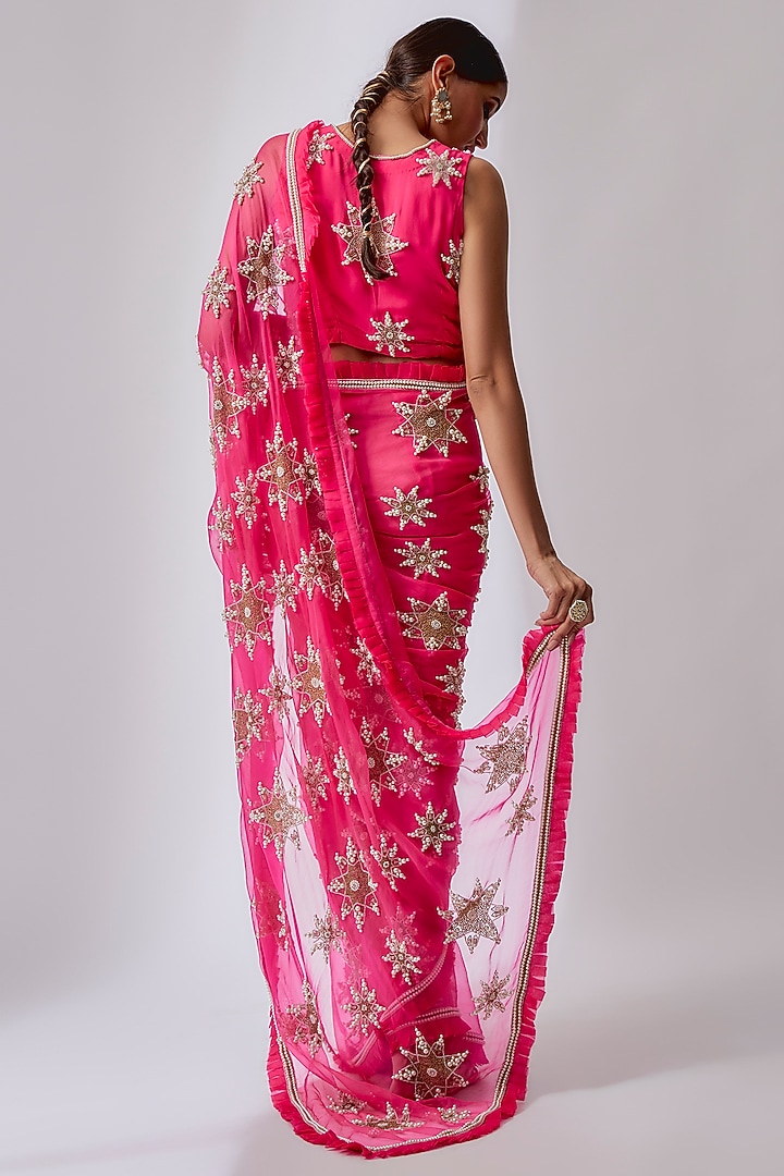 Candy Pink Organza Wedding Saree Set by Midushi Bajoria at Pernia's Pop Up Shop