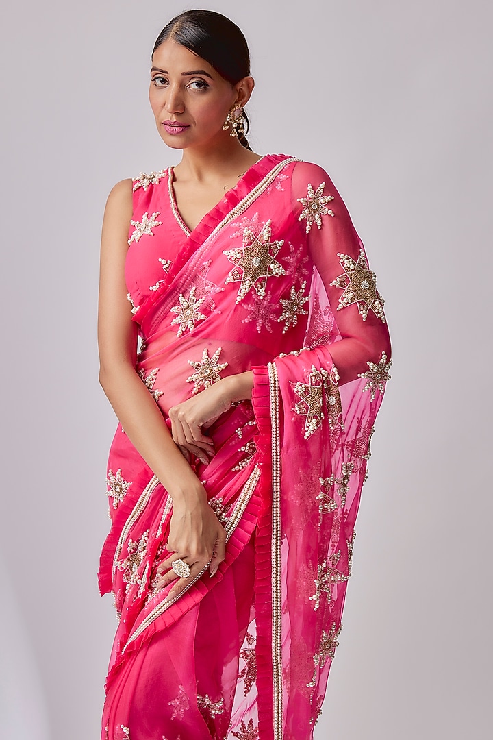 Candy Pink Organza Wedding Saree Set by Midushi Bajoria at Pernia's Pop Up Shop