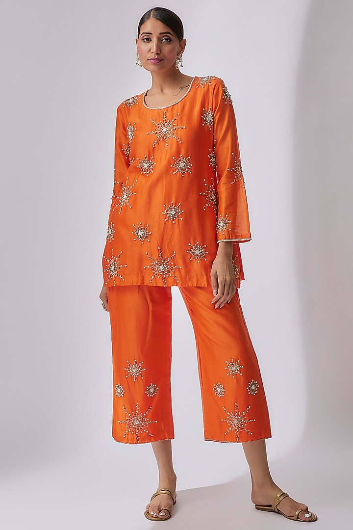 Sunshine Orange Silk Chanderi Hand Embellished Co-Ord Set by Midushi Bajoria at Pernia's Pop Up Shop