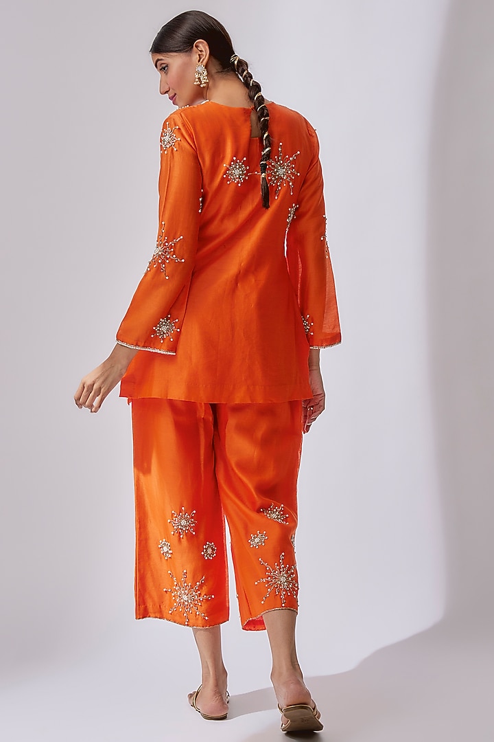 Sunshine Orange Silk Chanderi Hand Embellished Co-Ord Set by Midushi Bajoria at Pernia's Pop Up Shop