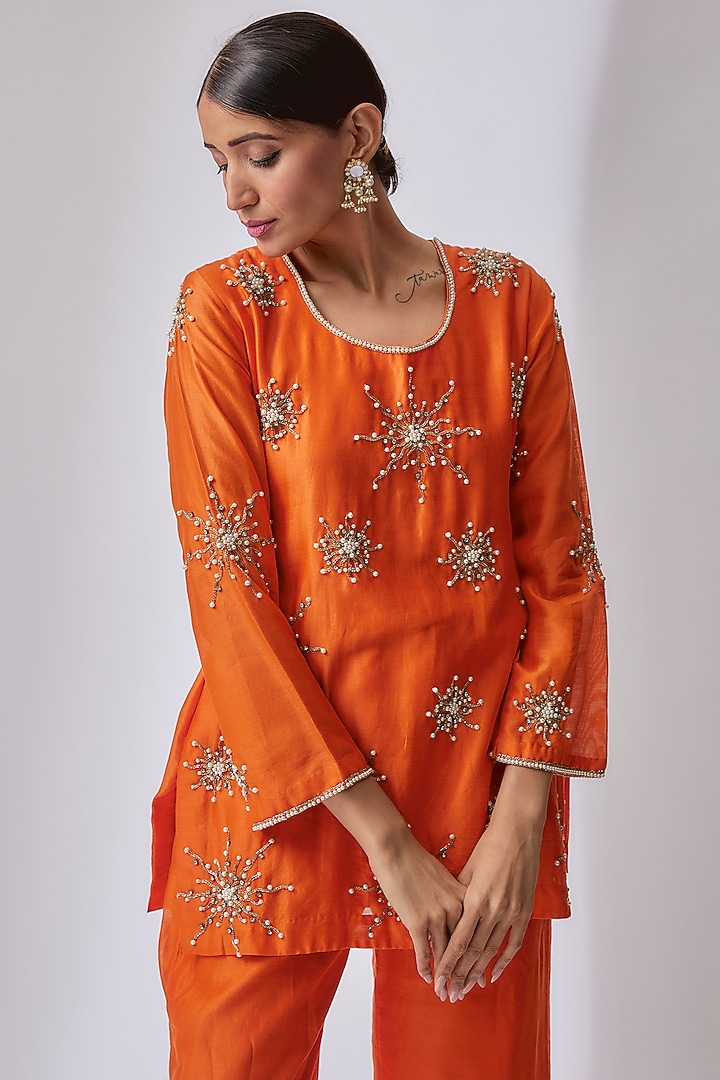 Sunshine Orange Silk Chanderi Hand Embellished Co-Ord Set by Midushi Bajoria at Pernia's Pop Up Shop