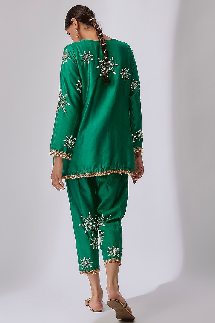 Forest Green Silk Chanderi Hand Embellished Co-Ord Set by Midushi Bajoria at Pernia's Pop Up Shop