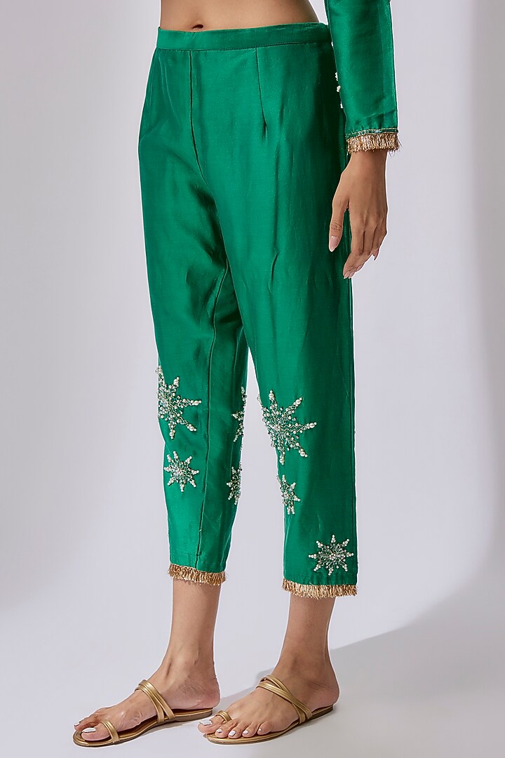 Forest Green Silk Chanderi Hand Embellished Co-Ord Set by Midushi Bajoria at Pernia's Pop Up Shop