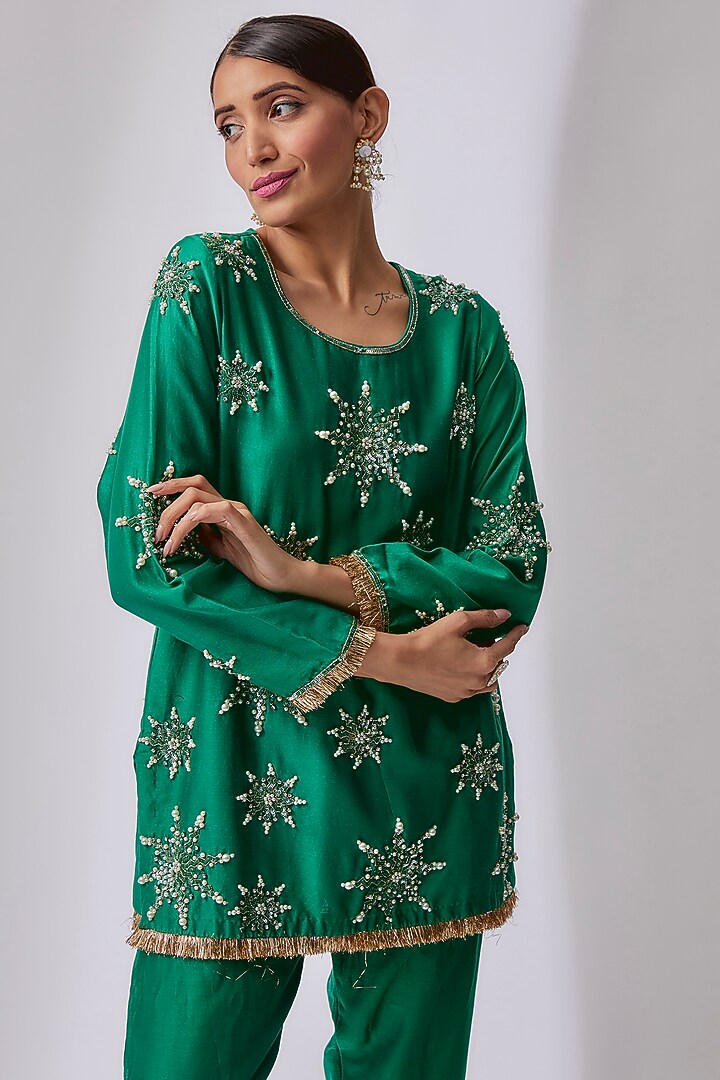 Forest Green Silk Chanderi Hand Embellished Co-Ord Set by Midushi Bajoria at Pernia's Pop Up Shop