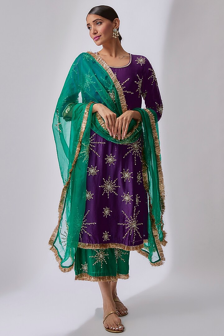 Midnight Purple Silk Chanderi Hand Embellished Kurta Set by Midushi Bajoria at Pernia's Pop Up Shop