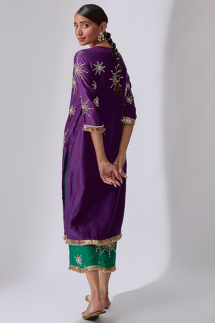 Midnight Purple Silk Chanderi Hand Embellished Kurta Set by Midushi Bajoria at Pernia's Pop Up Shop