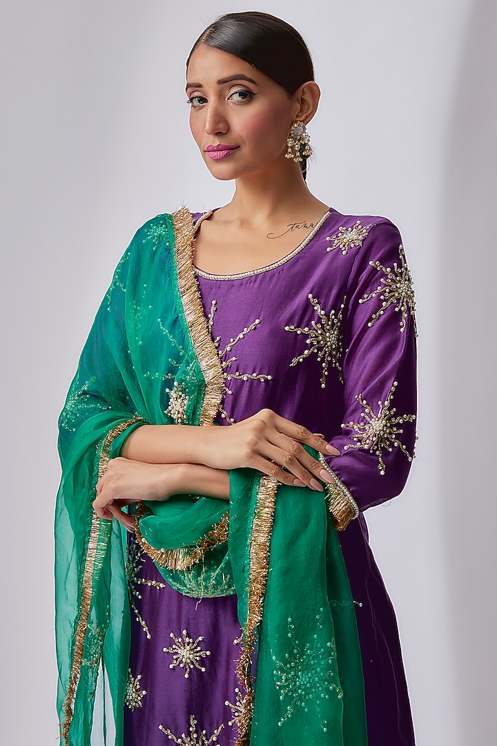 Midnight Purple Silk Chanderi Hand Embellished Kurta Set by Midushi Bajoria at Pernia's Pop Up Shop