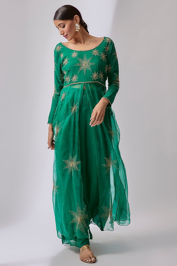 Forest Green Organza Hand Embroidered Anarkali Jacket Set by Midushi Bajoria at Pernia's Pop Up Shop