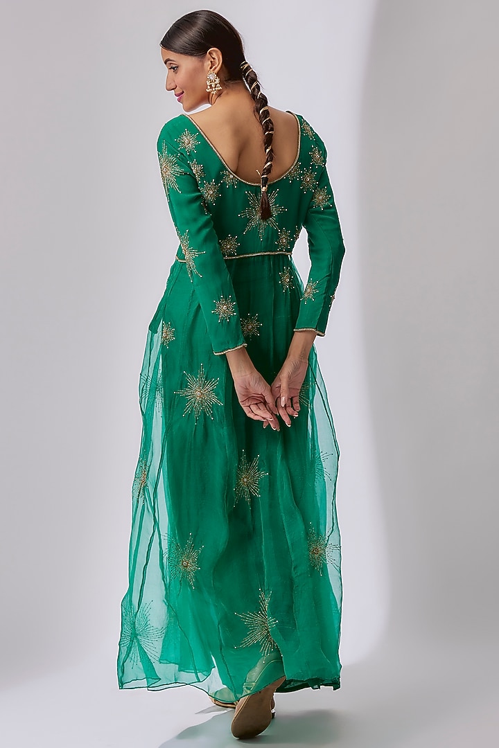 Forest Green Organza Hand Embroidered Anarkali Jacket Set by Midushi Bajoria at Pernia's Pop Up Shop