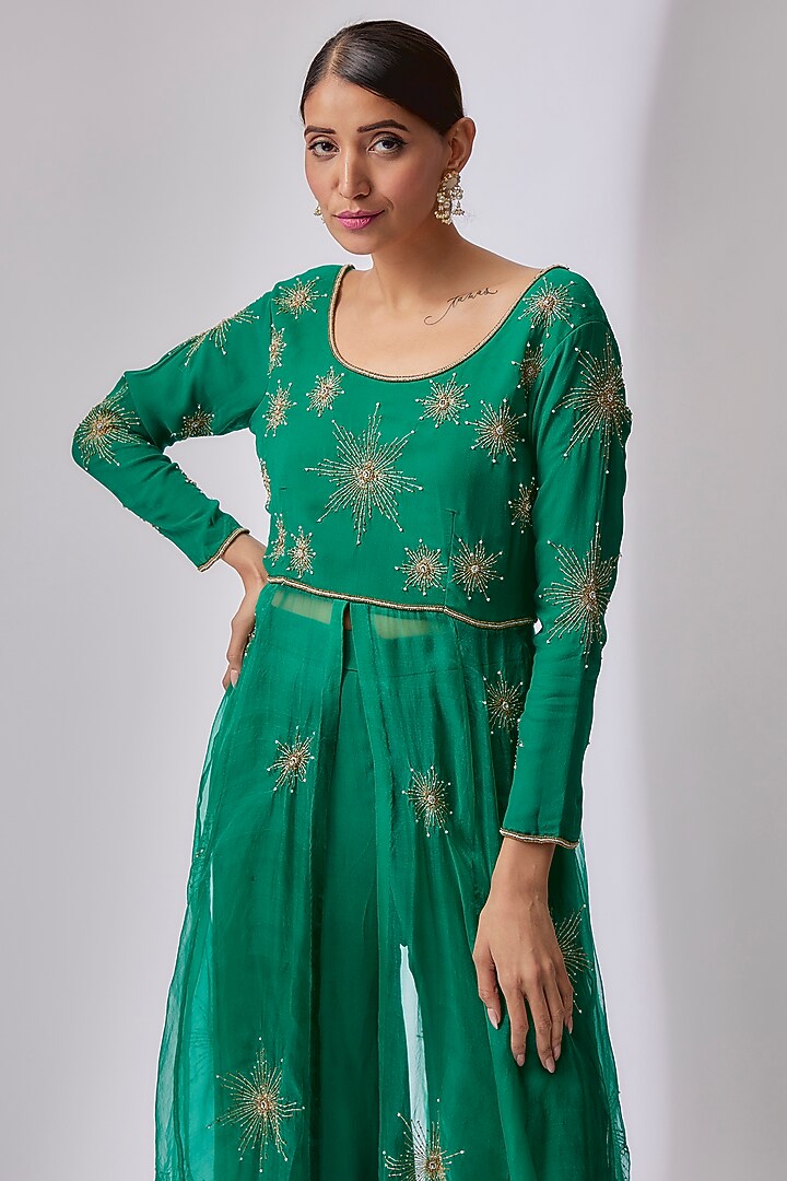 Forest Green Organza Hand Embroidered Anarkali Jacket Set by Midushi Bajoria at Pernia's Pop Up Shop