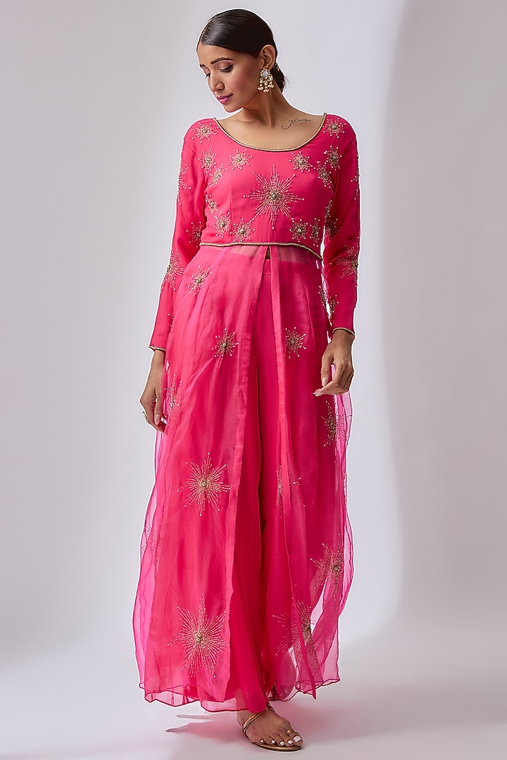 Candy Pink Organza Hand Embroidered Anarkali Jacket Set by Midushi Bajoria at Pernia's Pop Up Shop