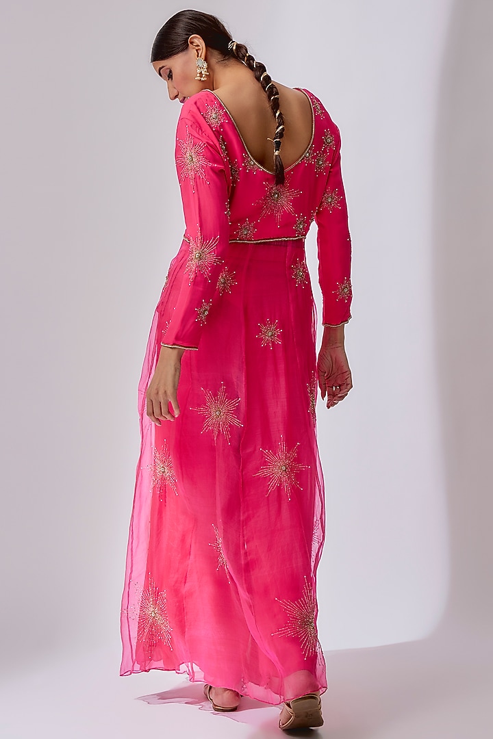 Candy Pink Organza Hand Embroidered Anarkali Jacket Set by Midushi Bajoria at Pernia's Pop Up Shop