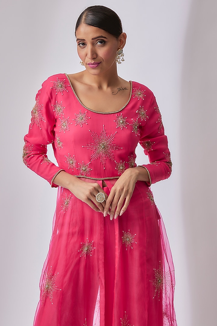 Candy Pink Organza Hand Embroidered Anarkali Jacket Set by Midushi Bajoria at Pernia's Pop Up Shop