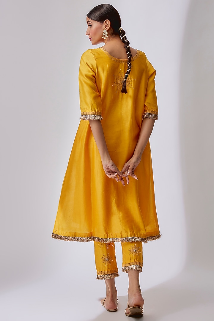 Yellow Silk Chanderi Hand Embellished A-Line Kurta Set by Midushi Bajoria at Pernia's Pop Up Shop