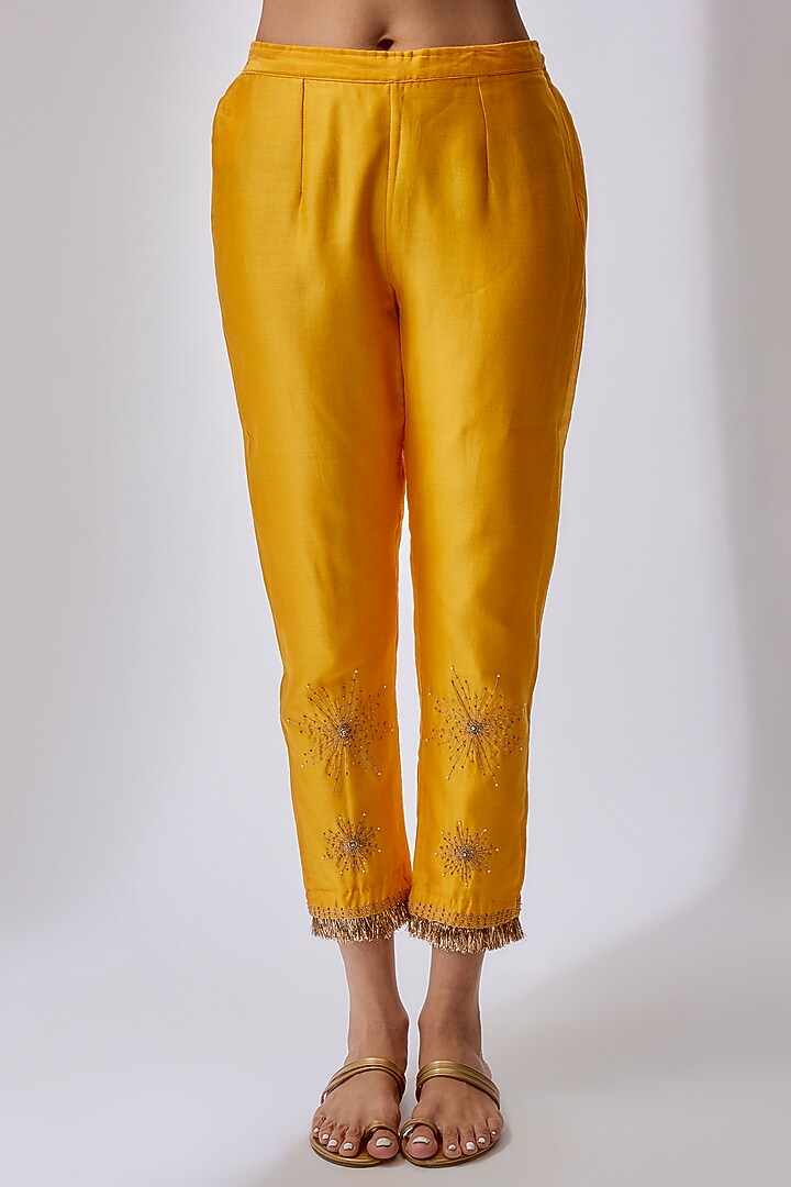 Yellow Silk Chanderi Hand Embellished A-Line Kurta Set by Midushi Bajoria at Pernia's Pop Up Shop