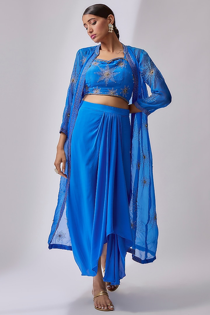 Cobalt Blue Organza Hand Embroidered Jacket Set by Midushi Bajoria at Pernia's Pop Up Shop