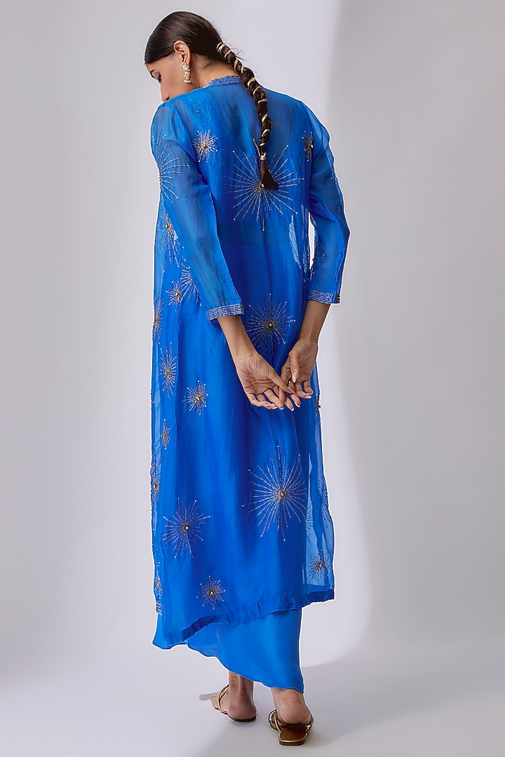 Cobalt Blue Organza Hand Embroidered Jacket Set by Midushi Bajoria at Pernia's Pop Up Shop