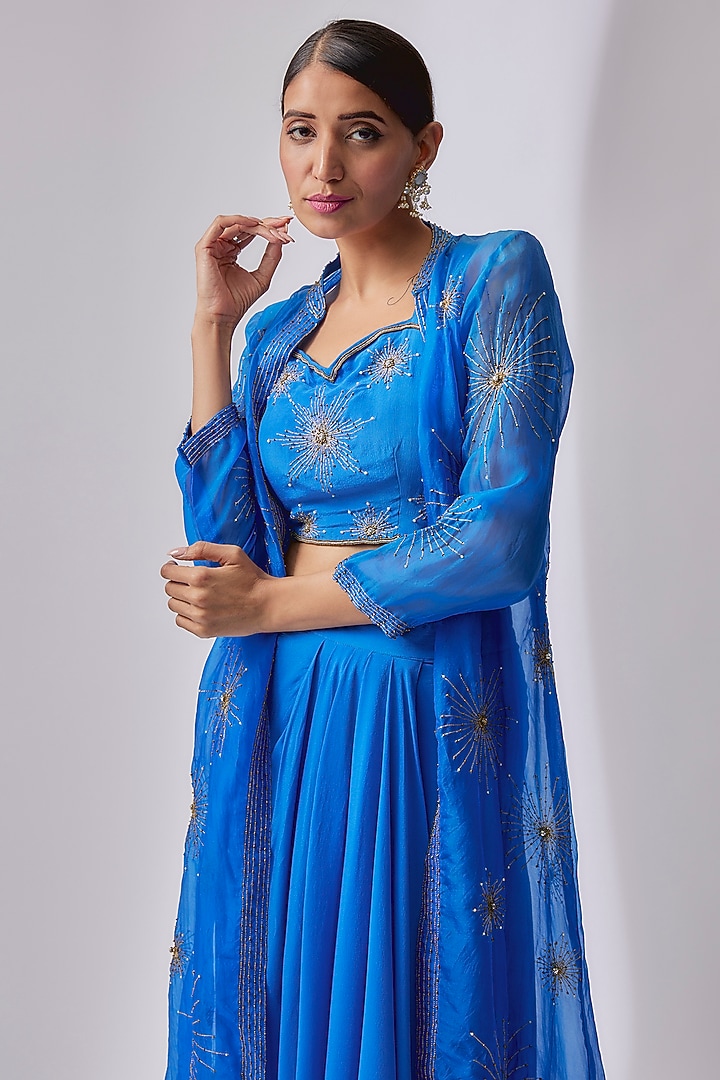 Cobalt Blue Organza Hand Embroidered Jacket Set by Midushi Bajoria at Pernia's Pop Up Shop