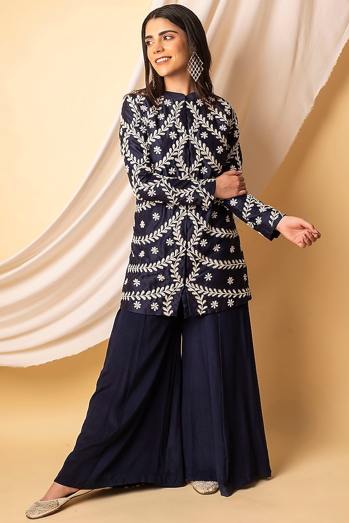 Navy Blue Embroidered Kurta Set by Midushi Bajoria