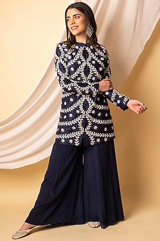 Navy Blue Embroidered Kurta Set by Midushi Bajoria