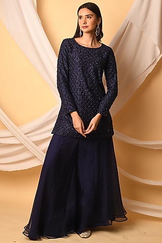 Navy Blue Silk Chanderi Kurta Set by Midushi Bajoria