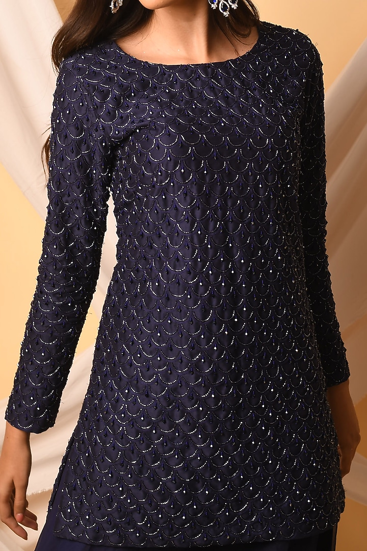 Navy Blue Silk Chanderi Kurta Set by Midushi Bajoria at Pernia's Pop Up Shop