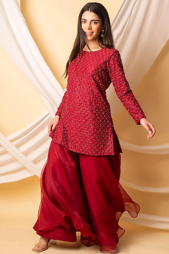 Maroon Embroidered Kurta Set by Midushi Bajoria