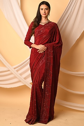 Maroon Hand Embroidered Saree Set by Midushi Bajoria