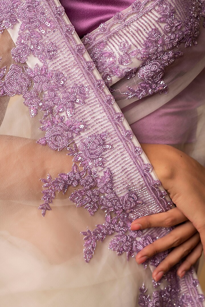 Lilac Embroidered Party Wear Saree Set by Midushi Bajoria at Pernia's Pop Up Shop