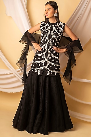 Black Organza Lehenga Set by Midushi Bajoria