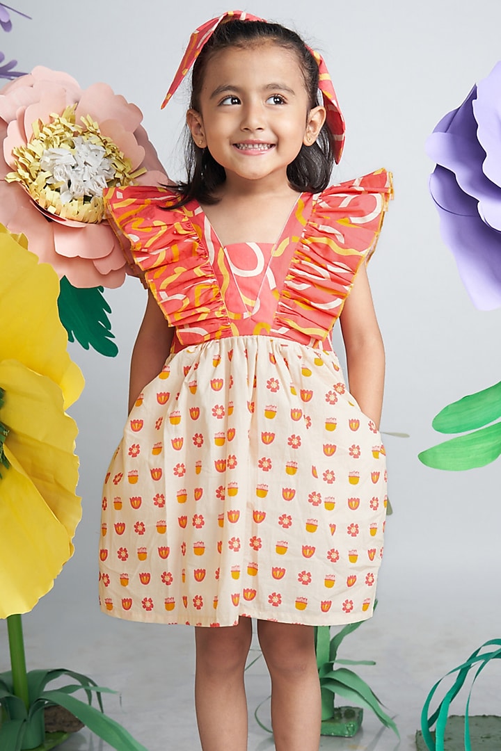 Pink Organic Cotton Printed Ruffled Dress For Girls by Miko Lolo