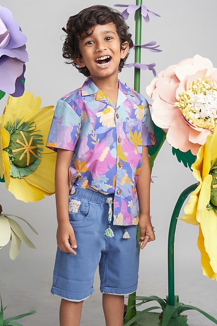 Purple Organic Cotton Floral Printed Shirt For Boys by Miko Lolo