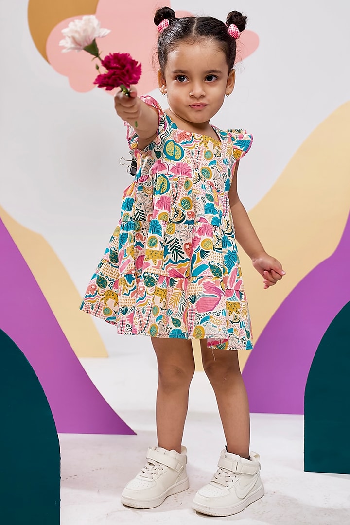 Multi-Colored Organic Cotton Printed Tiered Dress For Girls by Miko Lolo