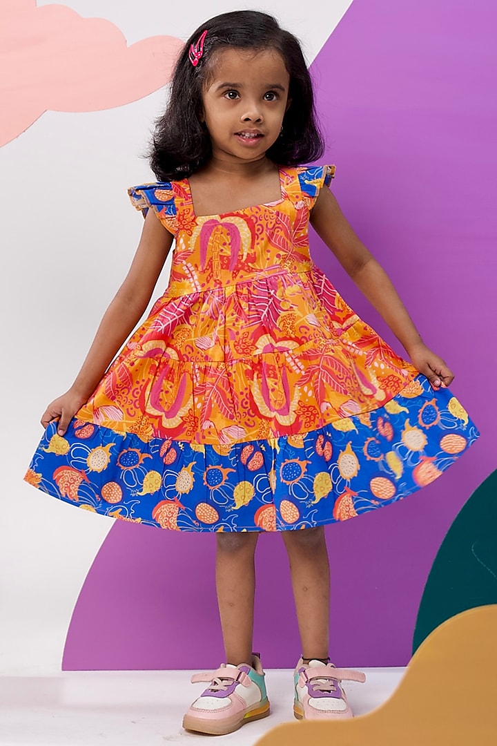 Orange Organic Cotton Printed Tiered Dress For Girls by Miko Lolo