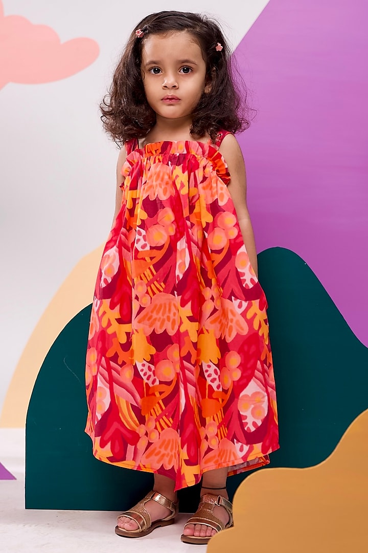 Red Organic Cotton Abstract Printed Maxi Dress For Girls by Miko Lolo