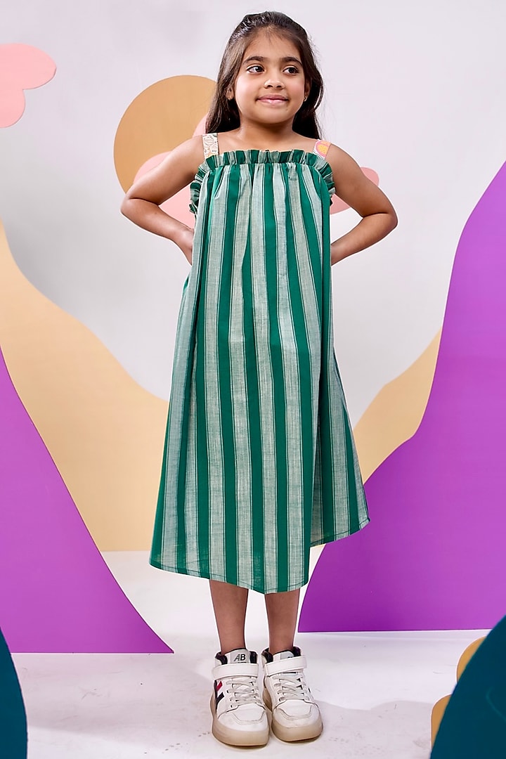 Green Cotton Striped Maxi Dress For Girls by Miko Lolo