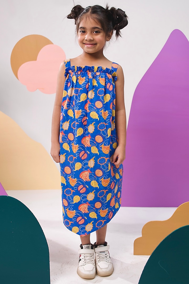 Deep Blue Organic Cotton Printed Maxi Dress For Girls by Miko Lolo