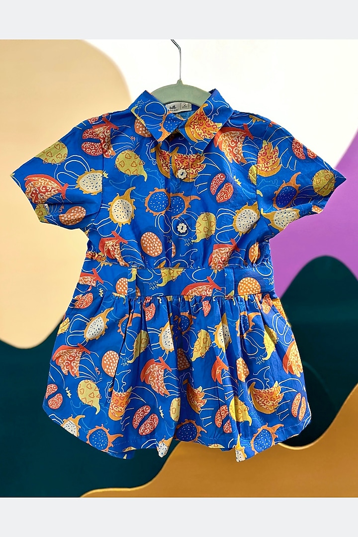 Deep Blue Organic Cotton Printed Playsuit For Girls by Miko Lolo