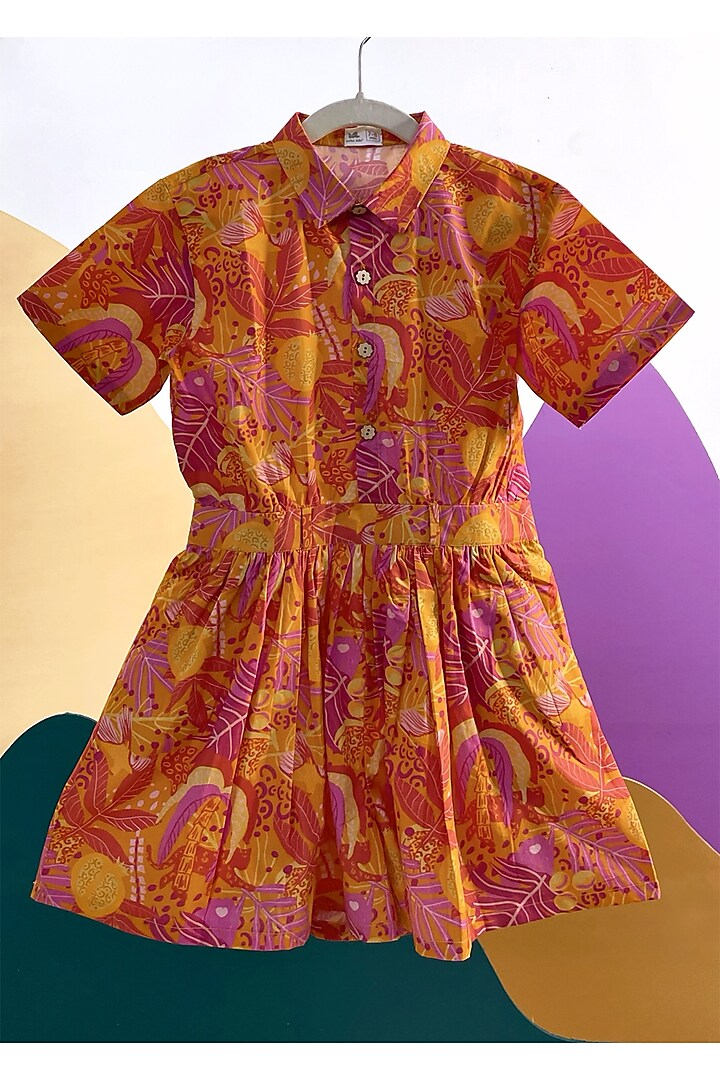 Tangerine Orange Organic Cotton Floral Printed Playsuit For Girls by Miko Lolo