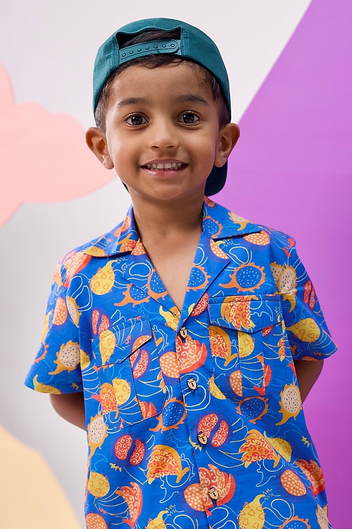 Blue Organic Cotton Printed Shirt For Boys by Miko Lolo at Pernia's Pop Up Shop