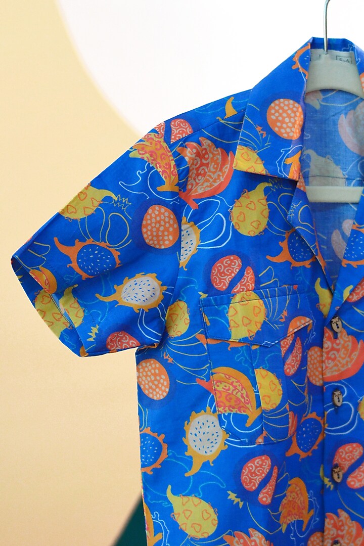 Blue Organic Cotton Printed Shirt For Boys by Miko Lolo at Pernia's Pop Up Shop