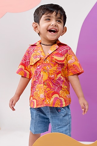 Orange Organic Cotton Floral Printed Shirt For Boys by Miko Lolo