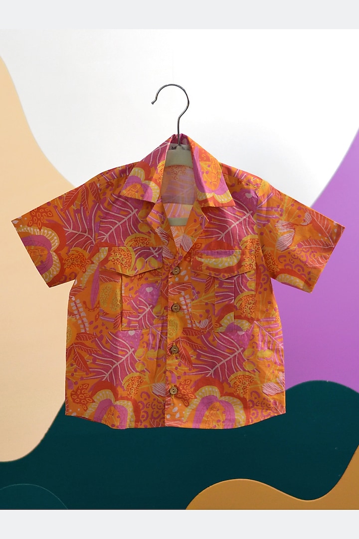 Orange Organic Cotton Floral Printed Shirt For Boys by Miko Lolo at Pernia's Pop Up Shop