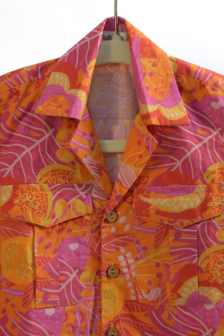 Orange Organic Cotton Floral Printed Shirt For Boys by Miko Lolo at Pernia's Pop Up Shop